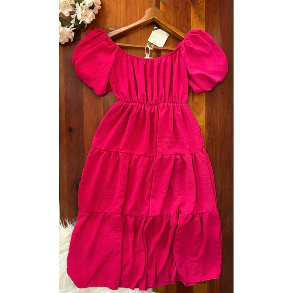 Hot Pink Tiered Puff Sleeve Dress